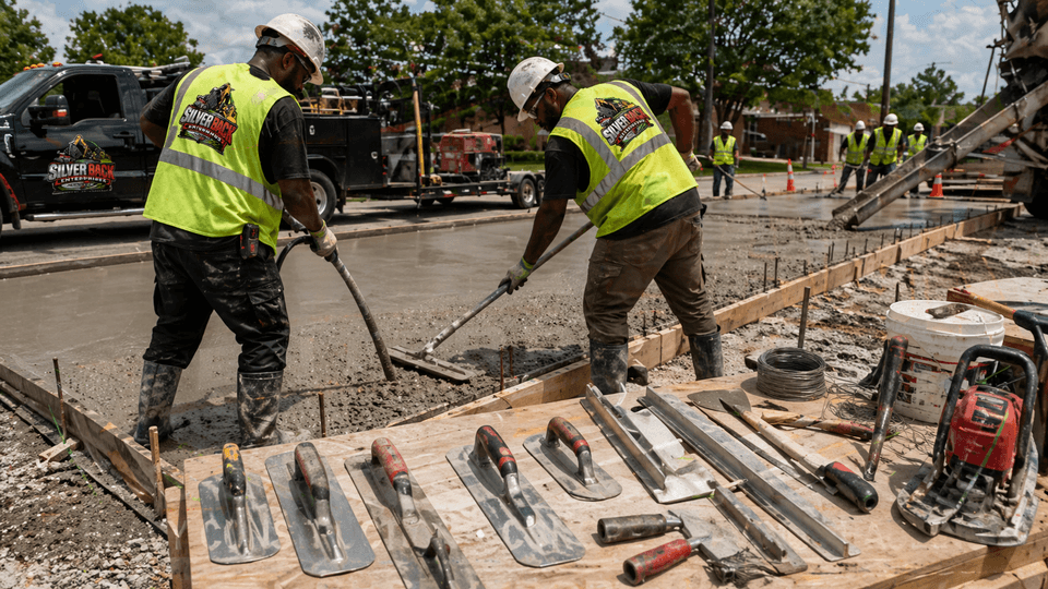 Silverback crew finishing a fresh concrete pour with trowels, floats, and internal vibrators