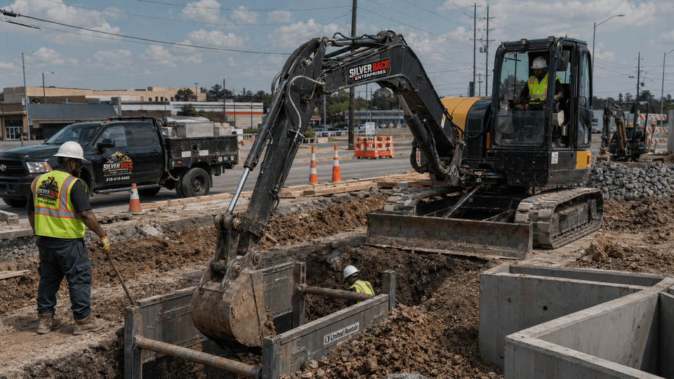 Silverback hydraulic excavator digging a drainage box on a Shreveport roadwork site
