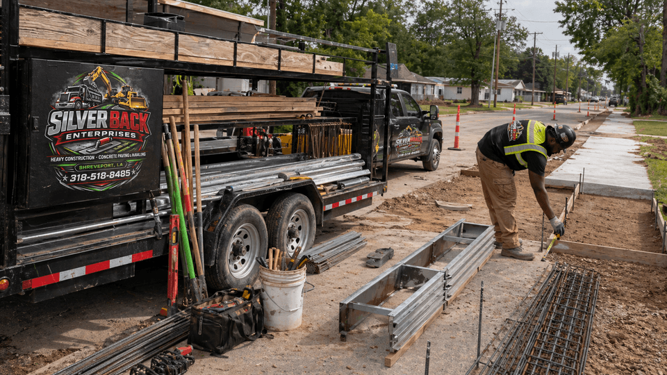 Silverback trailer stocked with aluminum and wood forms, rebar, and mesh on a curb-and-gutter scope