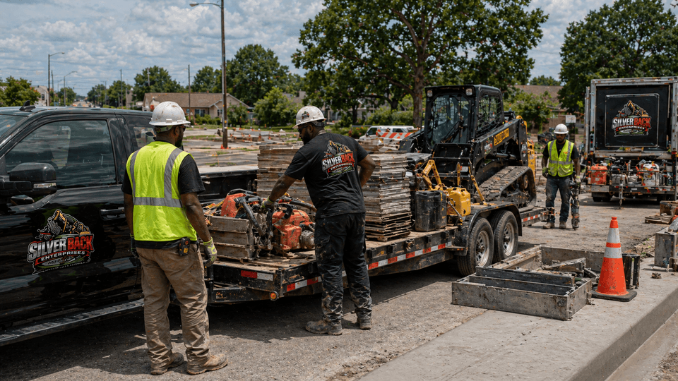 Silverback pickup truck and equipment trailer loading a track skid steer for transport