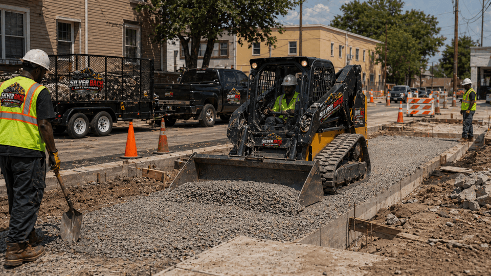 Silverback compact track skid steer pushing gravel into a curb form