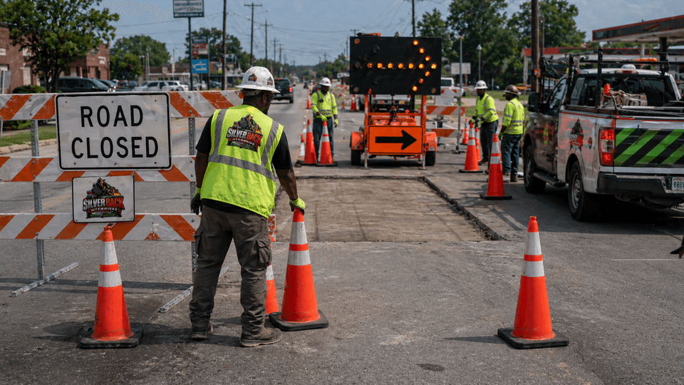 Silverback traffic control setup with Road Closed barricade, arrow board, and channelizing cones