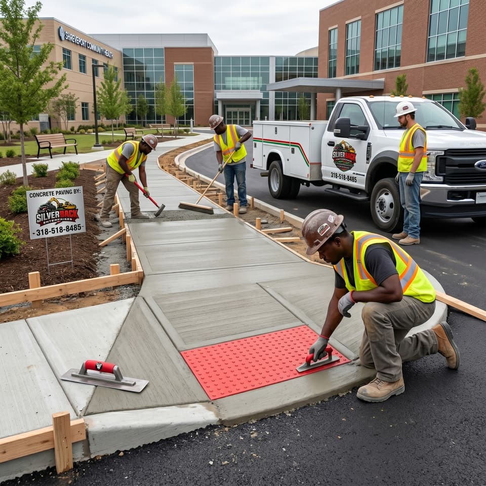 Silverback crew finishing concrete sidewalks and ADA ramp panel at a healthcare campus entrance