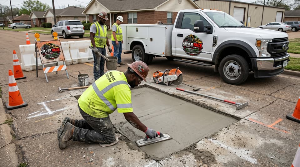 Silverback worker hand-troweling a concrete utility-cut patch in an asphalt street with service truck on standby