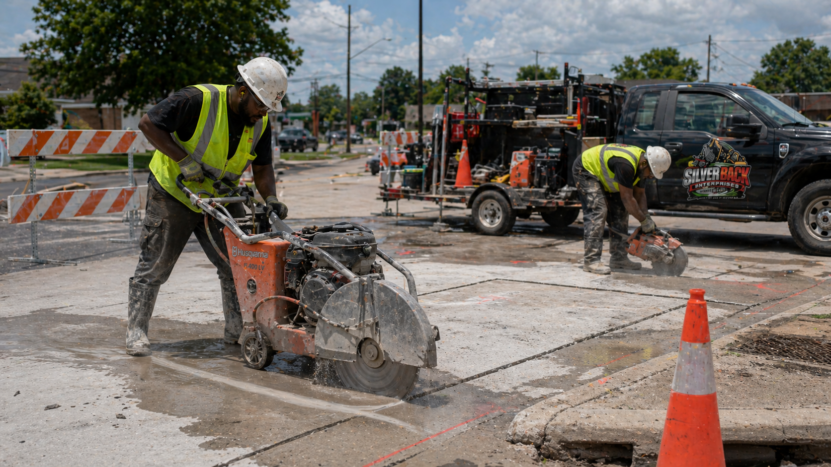 Silverback crew operating walk-behind and handheld concrete saws on a slab