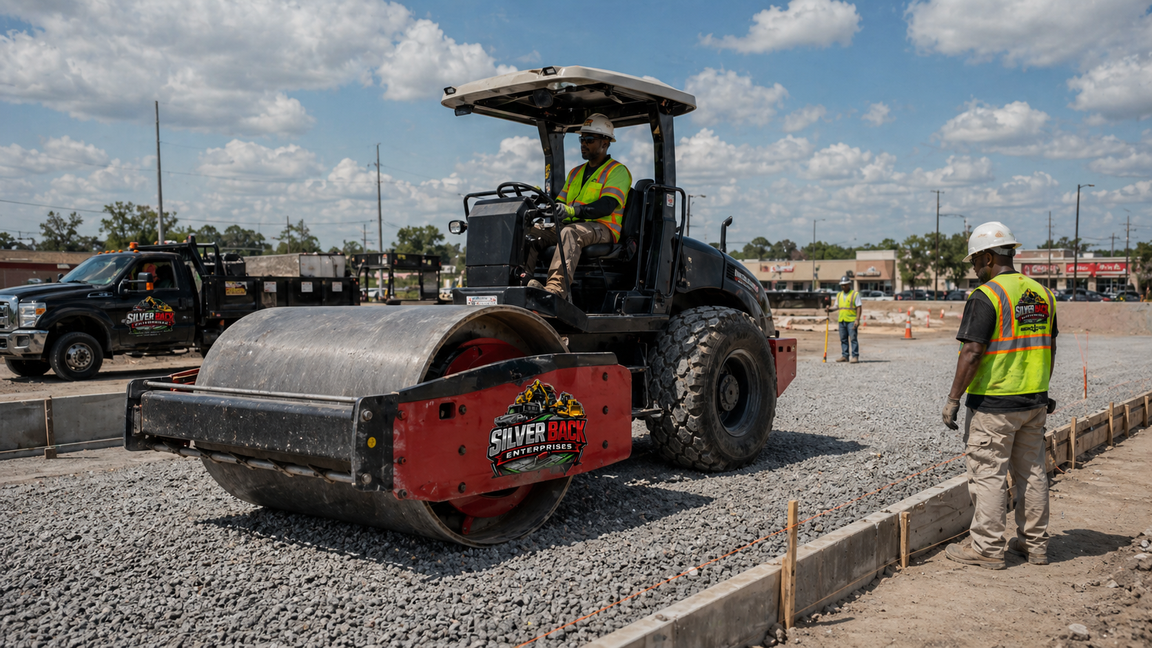 Silverback vibratory smooth-drum roller compacting aggregate base