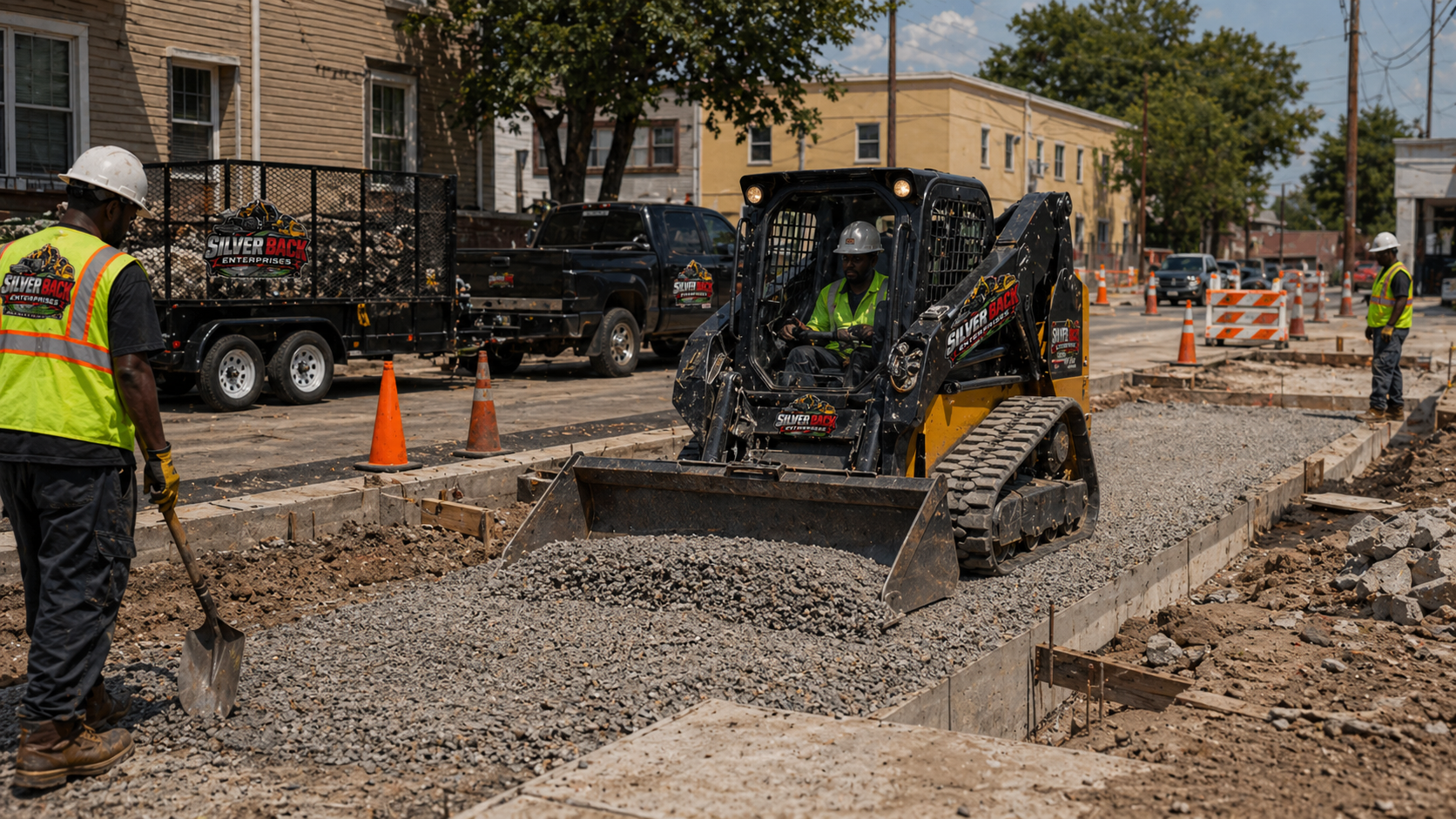 Silverback compact track skid steer pushing gravel into a curb form