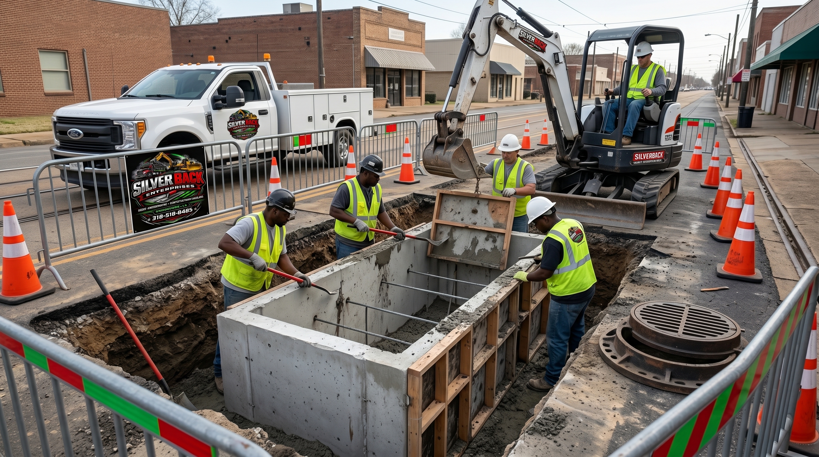Silverback crew constructing a concrete drainage box and inlet in a downtown Shreveport street